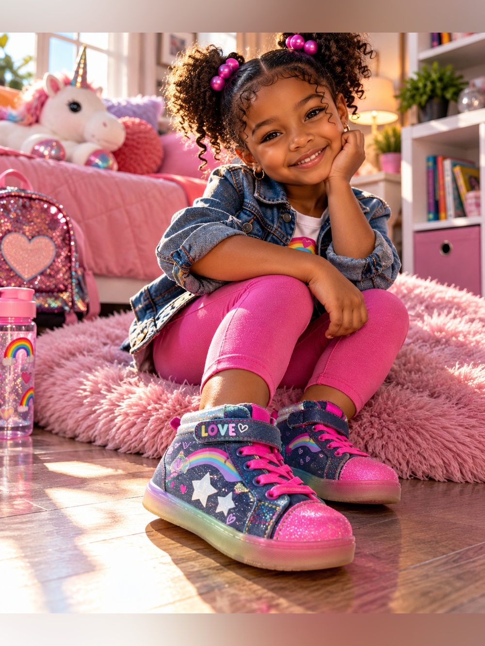 Athletic Works Girls Size 8 High Top Sneakers Pink Rainbow Hearts Stars